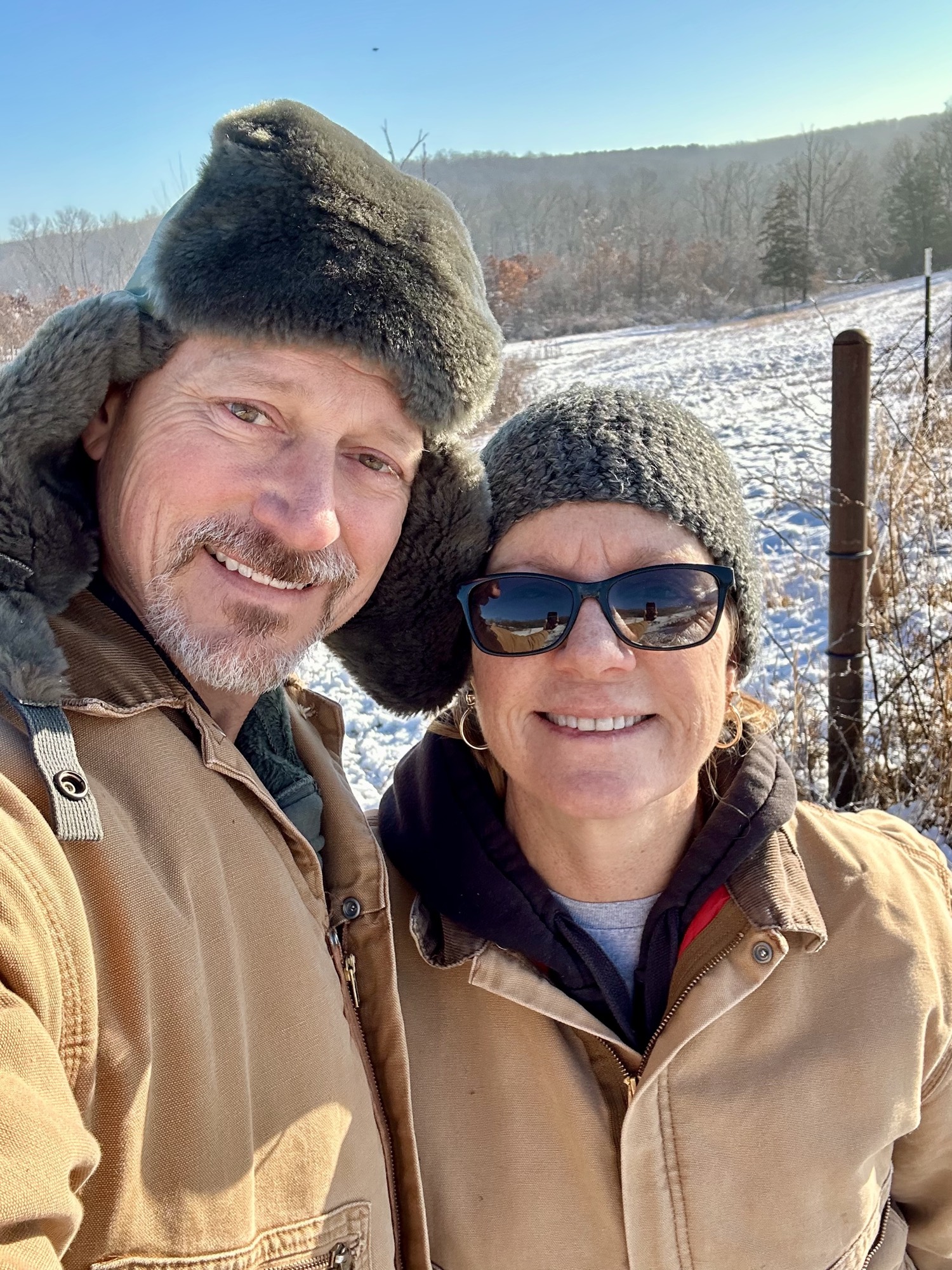 Rich and Shelley in winter farm clothes